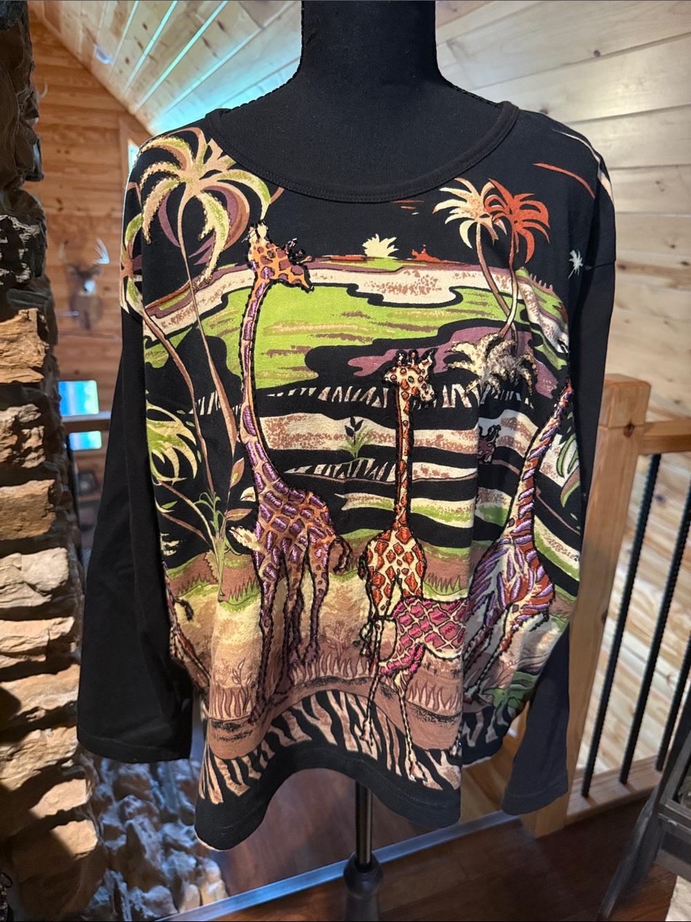 Black Safari Giraffe Print Pullover Top